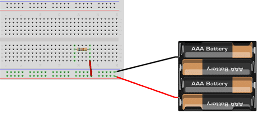 connect battary and resistor to breadboard