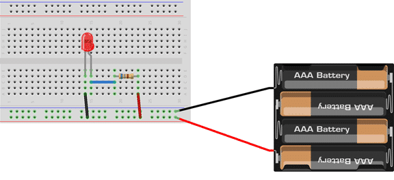 connect battary resistor and led to breadboard